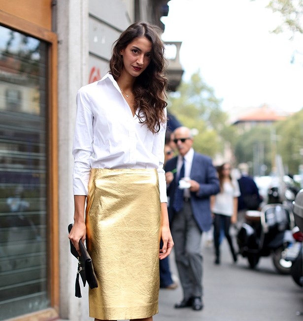 Highlight metallic pieces with a classic button-up skirt and shoes. 